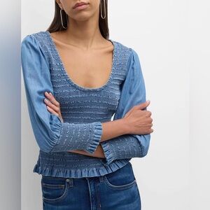 Veronica Beard Blue Smocked Puff-Sleeve Top